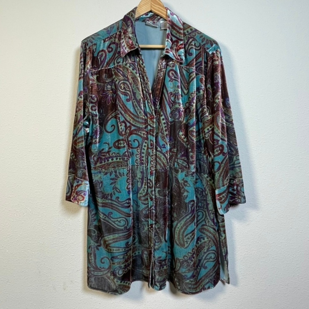 Chicos Paisley Velvet Button Up Shirt Women 3 XL Blue Purple Long Sleeve Tunic